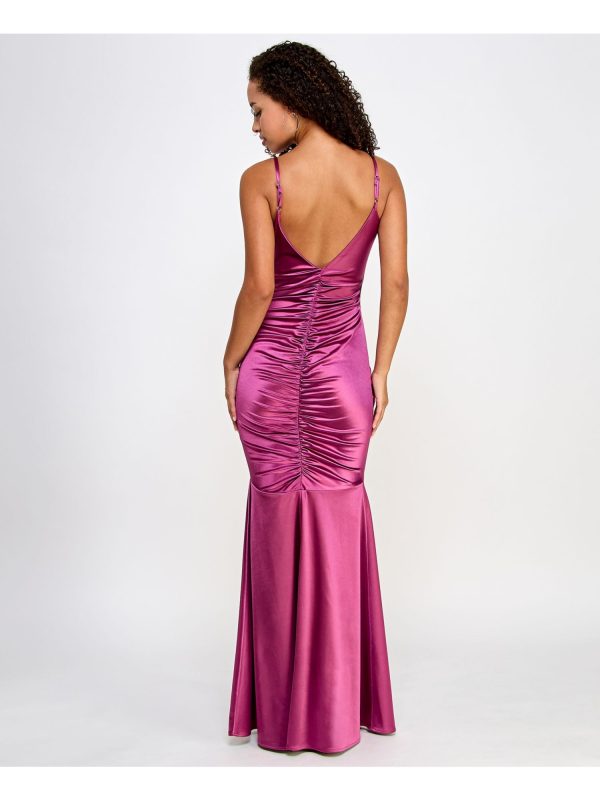 BCX DRESS Womens Purple Slitted Ruched Zippered Spaghetti Strap V Neck Full-Length Formal Mermaid Dress Online now