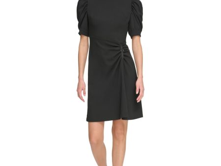 DKNY Womens Black Zippered Ruched Buckle Detail Pouf Sleeve Round Neck Above The Knee Wear To Work Sheath Dress Online Sale