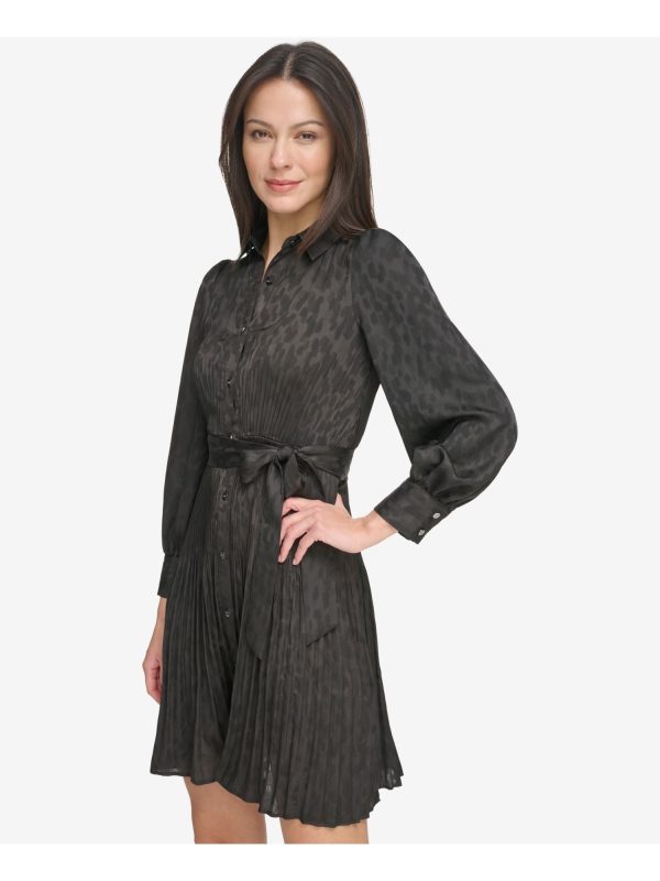 DKNY Womens Black Belted Pleated Button Down Printed Cuffed Sleeve Collared Short Cocktail Shirt Dress Online now