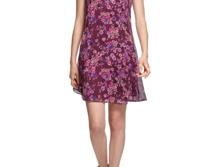 CALVIN KLEIN Womens Purple Tie Zippered Lined Floral Sleeveless Mock Neck Short Party Shift Dress Sale