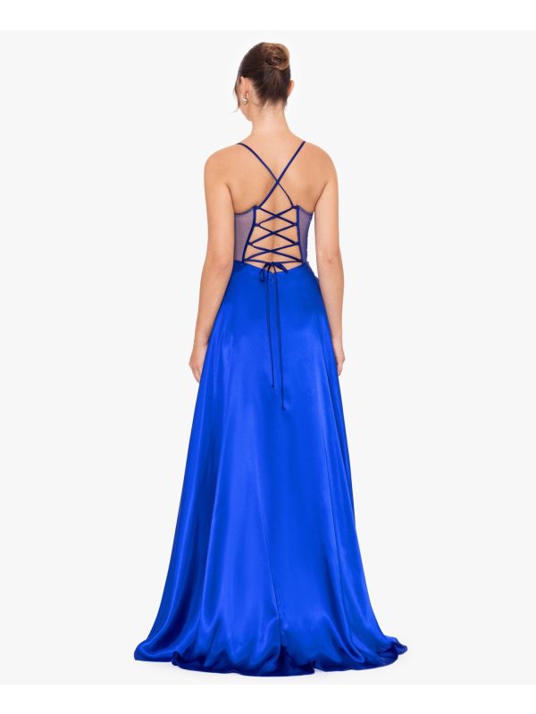 BLONDIE NITES Womens Blue Zippered Pocketed Lace-up Back Faux-wrap Skirt Spaghetti Strap V Neck Full-Length Prom Gown Dress Fashion