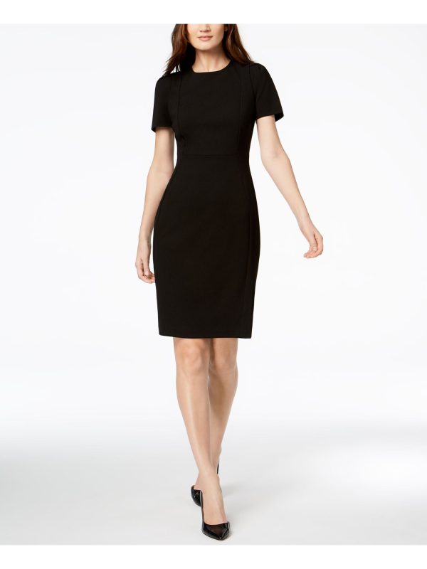 CALVIN KLEIN Womens Black Stretch Zippered Short Sleeve Scoop Neck Above The Knee Wear To Work Sheath Dress Sale