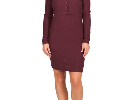 HIPPIE ROSE Womens Burgundy Stretch Ribbed Cropped Button Front Cardigan Sleeveless Scoop Neck Above The Knee Sheath Dress For Discount