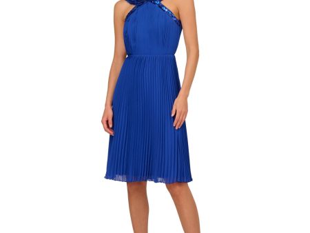 ADRIANNA PAPELL Womens Blue Pleated Zippered Lined Sleeveless Halter Above The Knee Cocktail Fit + Flare Dress Discount