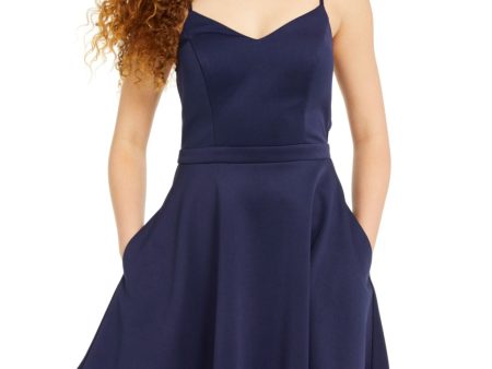 CITY STUDIO Womens Navy Spaghetti Strap V Neck Mini Evening Fit + Flare Dress Cheap