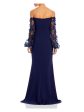 ELIZA J Womens Navy Embroidered Zippered Mesh-sleeve Gown Balloon Sleeve Off Shoulder Full-Length Formal Dress Sale