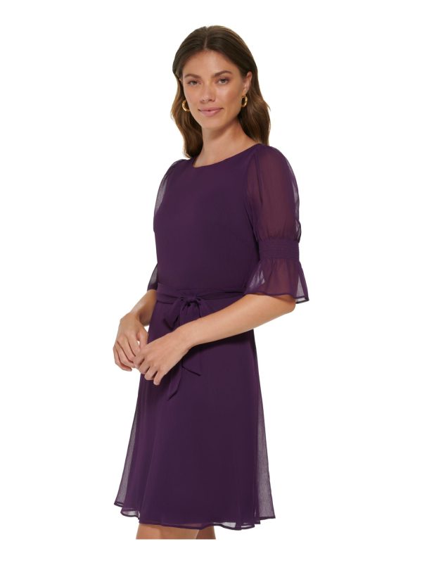 DKNY Womens Purple Zippered Lined Ruffled Cuffs Self-tie Belt Pouf Sleeve Round Neck Above The Knee Wear To Work Fit + Flare Dress Online Sale