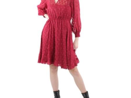 CALVIN KLEIN Womens Red Textured Ruffled Keyhole Sheer Tie Elastic Waist Floral Long Sleeve V Neck Above The Knee Fit + Flare Dress Online Sale