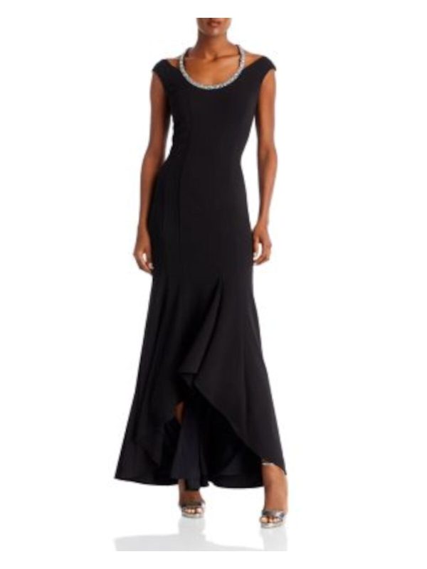 AQUA FORMAL Womens Black Embellished Cut Out Zippered Lined Cap Sleeve Scoop Neck Full-Length Evening Hi-Lo Dress Sale