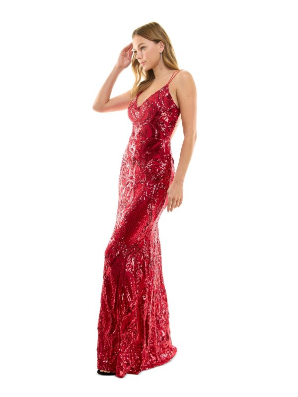 B DARLIN Womens Red Sequined Zippered Floral Sleeveless V Neck Full-Length Formal Gown Dress For Cheap