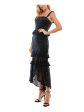 CITY STUDIO Womens Navy Zippered Lined Padded Bust Sheer Lace Sleeveless Square Neck Midi Peplum Dress Online Sale