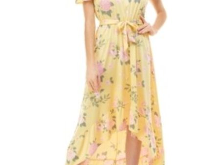 DEREK HEART Womens Yellow Stretch Ruffled Elastic Waist Self-tie Belt Floral Flutter Sleeve Off Shoulder Maxi Party Hi-Lo Dress Fashion