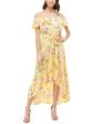 DEREK HEART Womens Yellow Stretch Ruffled Elastic Waist Self-tie Belt Floral Flutter Sleeve Off Shoulder Maxi Party Hi-Lo Dress Fashion