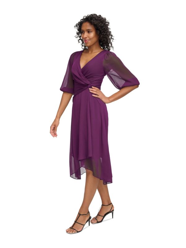 DKNY Womens Purple Zippered Lined Knotted Crossover Hem Balloon Sleeve Surplice Neckline Midi Party Fit + Flare Dress Online