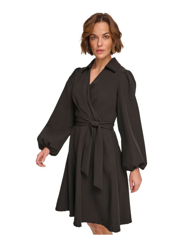 DKNY Womens Black Pleated Zippered Collared Self-tie Belt Blouson Sleeve Surplice Neckline Above The Knee Wear To Work Faux Wrap Dress Online