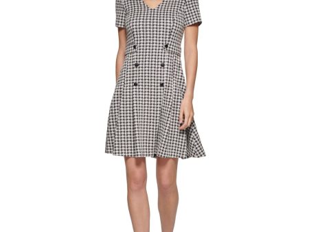 DKNY Womens Black Pleated Zippered Faux-button Front Gingham Short Sleeve V Neck Above The Knee Wear To Work Fit + Flare Dress Hot on Sale