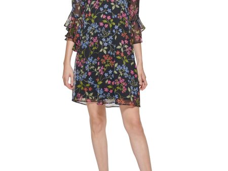 CALVIN KLEIN Womens Black Lined Keyhole Back Ruffled Cuff Floral 3 4 Sleeve V Neck Above The Knee Wear To Work Shift Dress Discount