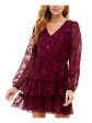 CITY STUDIO Womens Burgundy Lace Tie Waist Keyhole Back Closure Floral Balloon Sleeve V Neck Short Party Ruffled Dress Sale