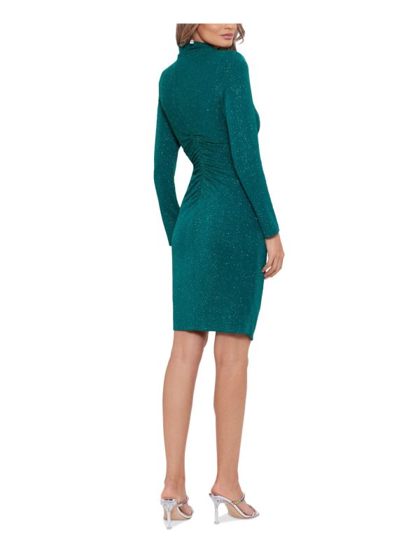 BETSY & ADAM Womens Green Ruched Zippered High-slit Lined Long Sleeve Mock Neck Above The Knee Party Sheath Dress Cheap