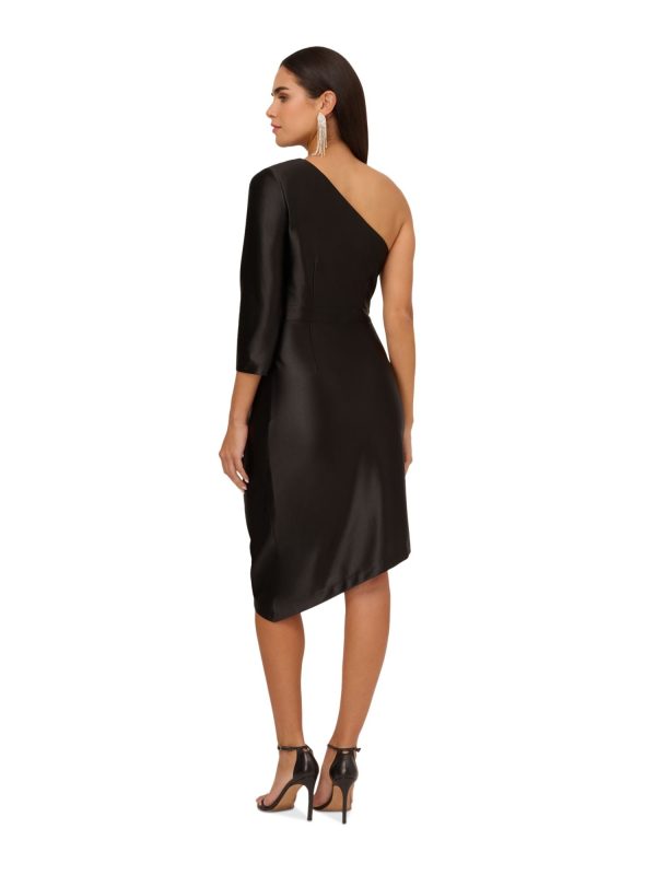 AIDAN AIDAN MATTOX Womens Black Pleated Zippered Asymmetric Hem Lined 3 4 Sleeve Asymmetrical Neckline Below The Knee Evening Sheath Dress Sale