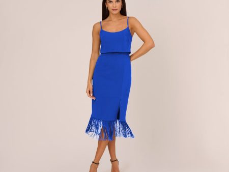 AIDAN Womens Blue Zippered Slitted Fold-over Fringed-hem Lined Spaghetti Strap Scoop Neck Midi Party Sheath Dress For Cheap