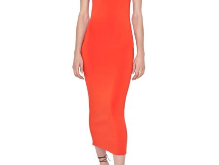 GALVAN LONDON Womens Orange Textured Open Back Unlined Pullover Cutout Sleeveless Asymmetrical Neckline Midi Cocktail Body Con Dress Online now