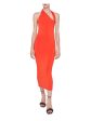 GALVAN LONDON Womens Orange Textured Open Back Unlined Pullover Cutout Sleeveless Asymmetrical Neckline Midi Cocktail Body Con Dress Online now