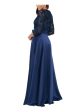 XSCAPE Womens Navy Zippered Lined Wrap Skirt Tie-waist 3 4 Sleeve V Neck Full-Length Formal Gown Dress Hot on Sale