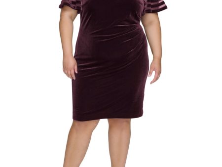 JESSICA HOWARD Womens Purple Pleated Zippered Mesh Inset Cuffs Lined Flutter Sleeve Round Neck Above The Knee Wear To Work Sheath Dress Hot on Sale