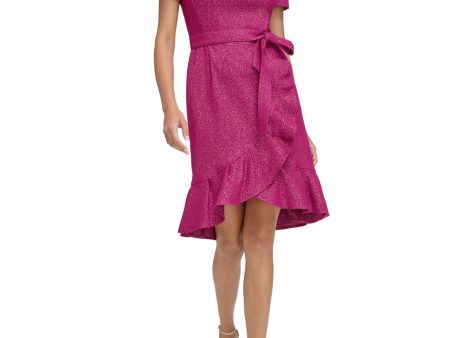 CALVIN KLEIN Womens Pink Zippered Lined Ruffled Tulip Hem Tie Belt Short Sleeve Jewel Neck Knee Length Wear To Work Sheath Dress on Sale