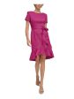 CALVIN KLEIN Womens Pink Zippered Lined Ruffled Tulip Hem Tie Belt Short Sleeve Jewel Neck Knee Length Wear To Work Sheath Dress on Sale