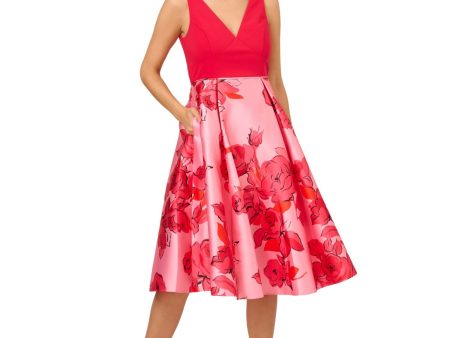 ADRIANNA PAPELL Womens Pink Zippered Pocketed V-back Lined Sleeveless V Neck Midi Party Fit + Flare Dress For Cheap