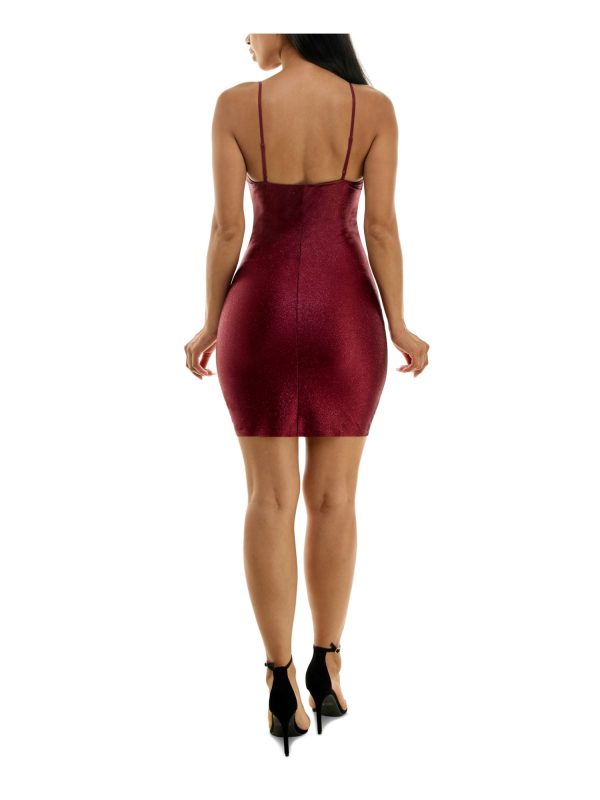 EMERALD SUNDAE Womens Burgundy Pleated Wrap Style Skirt Pullover Spaghetti Strap Square Neck Short Party Body Con Dress Online Hot Sale