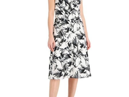 DONNA KARAN NEW YORK Womens White Pleated Lined Pullover Printed Sleeveless Surplice Neckline Below The Knee Fit + Flare Dress Cheap