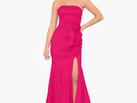 BLONDIE NITES Womens Pink Unlined Slitted Pleated Rosette And Ruffle Accen Sleeveless Strapless Full-Length Formal Gown Dress Cheap