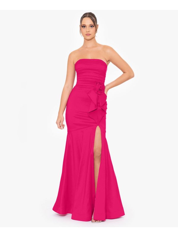 BLONDIE NITES Womens Pink Unlined Slitted Pleated Rosette And Ruffle Accen Sleeveless Strapless Full-Length Formal Gown Dress Cheap