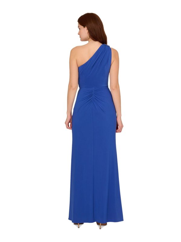 ADRIANNA PAPELL Womens Blue Embellished Zippered Shirred Draped Skirt Lined Sleeveless Asymmetrical Neckline Full-Length Evening Gown Dress Supply