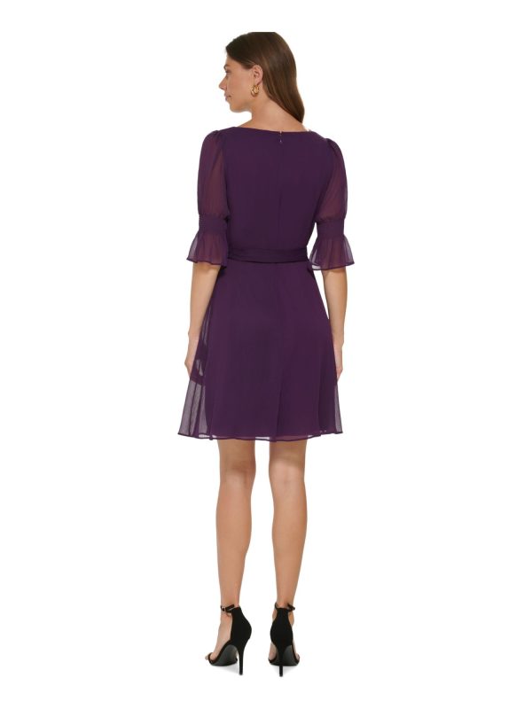 DKNY Womens Purple Zippered Lined Ruffled Cuffs Self-tie Belt Pouf Sleeve Round Neck Above The Knee Wear To Work Fit + Flare Dress Online Sale