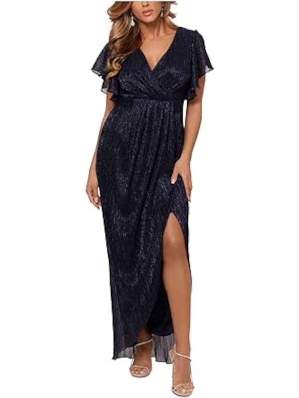 BETSY & ADAM Womens Navy Pleated Zippered High Slit Tulip-skirt Lined Flutter Sleeve V Neck Full-Length Formal Faux Wrap Dress For Sale