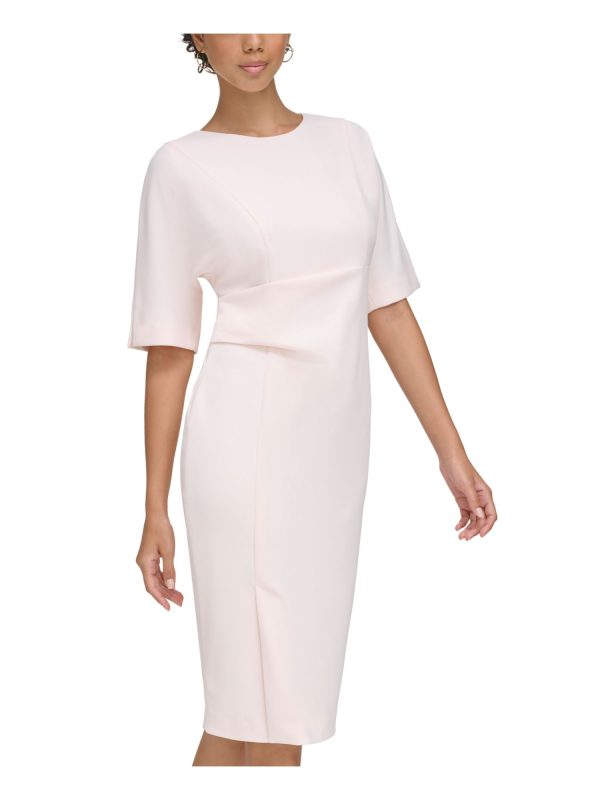 CALVIN KLEIN Womens Pink Zippered Lined Side-tuck Waist Slit Hem Dolman Sleeve Round Neck Knee Length Wear To Work Sheath Dress Discount