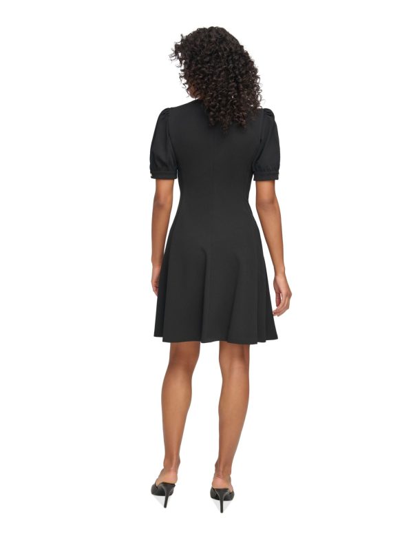 DKNY Womens Black Zippered Button Trimmed Cuffs Short Sleeve Round Neck Above The Knee Wear To Work Fit + Flare Dress on Sale