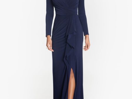 BETSY & ADAM Womens Navy Stretch Ruffled Zippered Slitted Long Sleeve V Neck Full-Length Evening Sheath Dress Supply