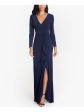 BETSY & ADAM Womens Navy Stretch Ruffled Zippered Slitted Long Sleeve V Neck Full-Length Evening Sheath Dress Supply