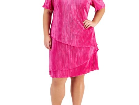 CONNECTED APPAREL Womens Pink Textured Lined Asymmetric Tiered Short Sleeve V Neck Above The Knee Party Sheath Dress Supply