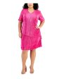 CONNECTED APPAREL Womens Pink Textured Lined Asymmetric Tiered Short Sleeve V Neck Above The Knee Party Sheath Dress Supply