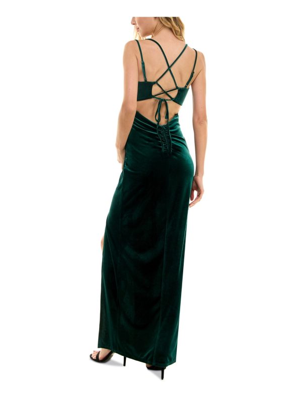 CITY STUDIO Womens Green Ruched Zippered Cutout Tie-back Side-slit Sleeveless Cowl Neck Full-Length Prom Gown Dress Sale