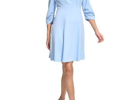 CALVIN KLEIN Womens Blue Ruched Zippered Lined 3 4 Sleeve Round Neck Above The Knee Wear To Work Fit + Flare Dress For Cheap