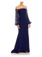 ELIZA J Womens Navy Embroidered Zippered Mesh-sleeve Gown Balloon Sleeve Off Shoulder Full-Length Formal Dress Sale