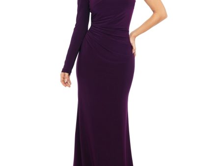 BETSY & ADAM Womens Burgundy Ruched Zippered V-notch Lined Long Sleeve Asymmetrical Neckline Full-Length Evening Sheath Dress For Sale