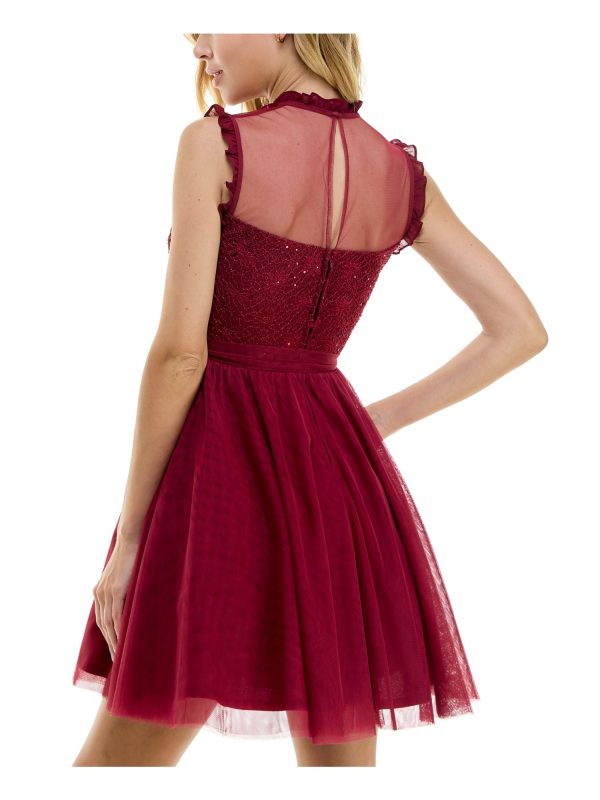 CITY STUDIO Womens Burgundy Zippered Ruffled Keyhole Back Self-tie Belt Lined Sleeveless Round Neck Short Party Fit + Flare Dress Online Hot Sale